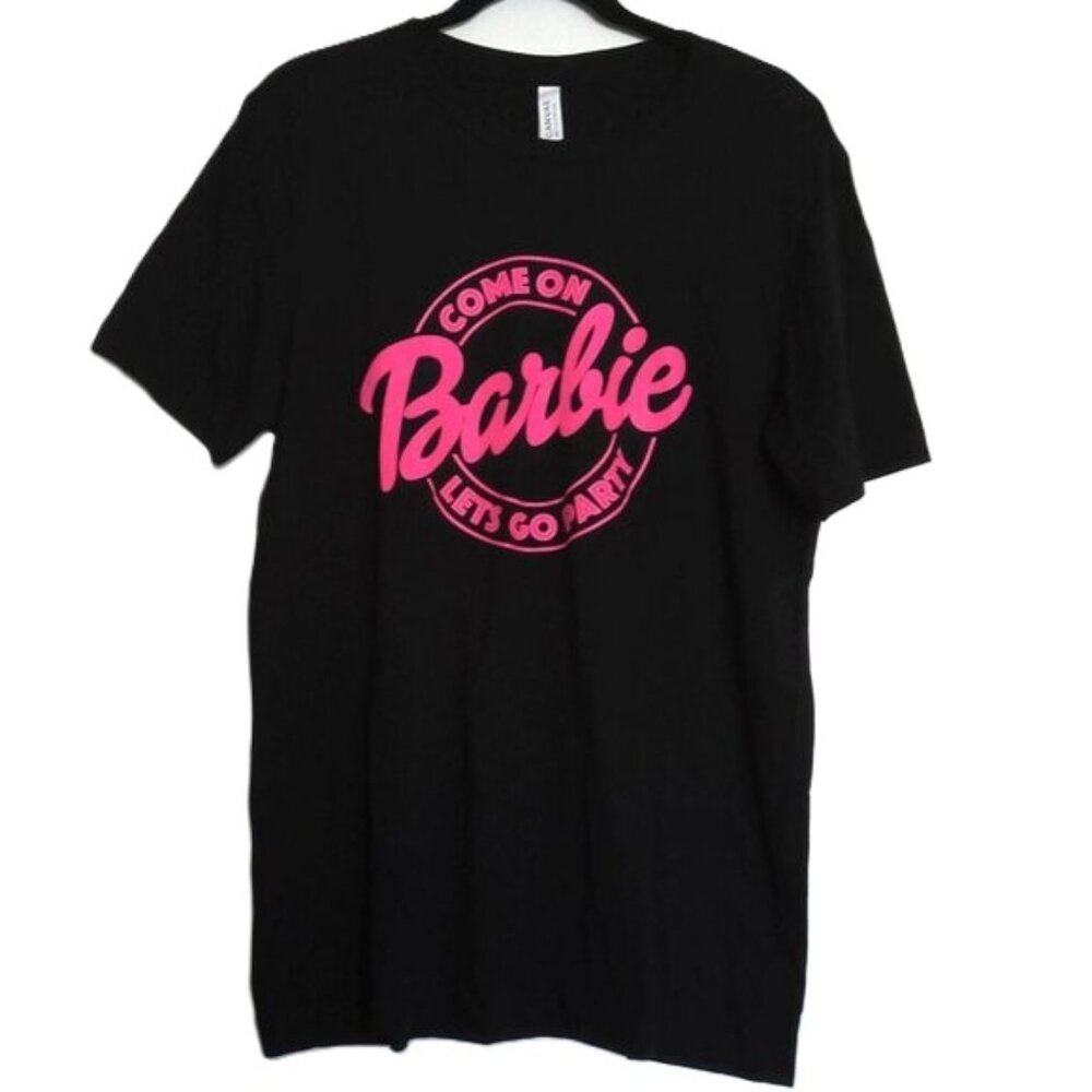 New "Come on Barbie Let's Go Party" Tee Shirt Black & Pink 100% Cotton NWOT Sz L
